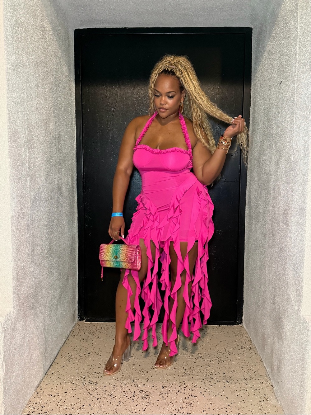 Bold Fuchsia Halter Ruffle Fringe Dress